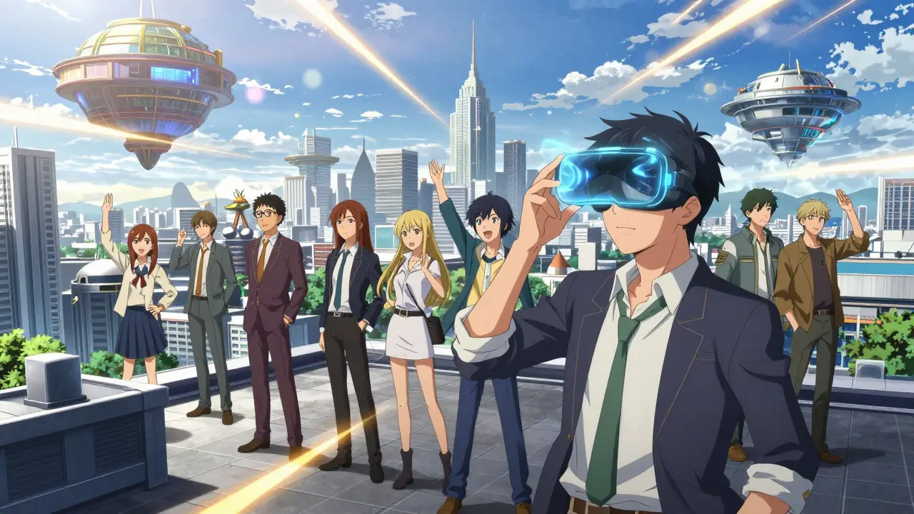 Characters on rooftop viewing digital metaverse integration with luxury goods