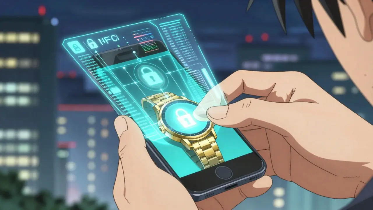 Close up of phone scanning watch tag revealing holographic blockchain data