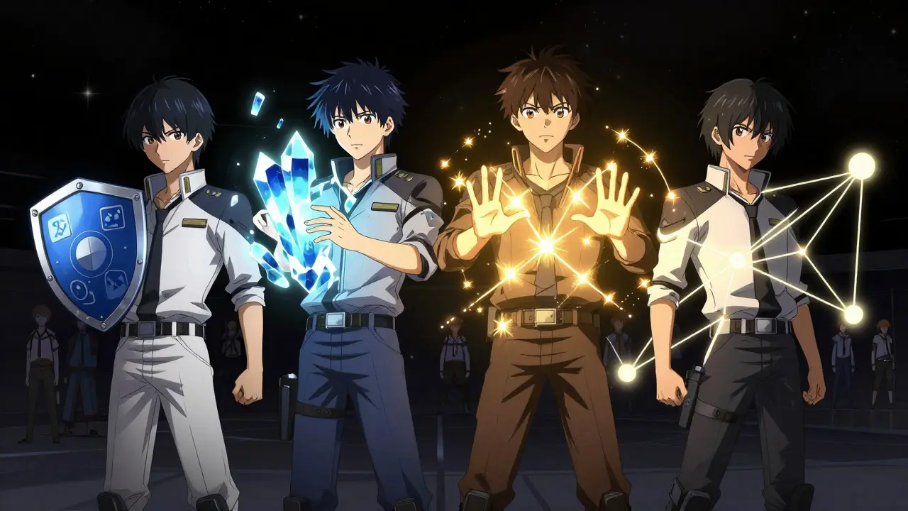 Four anime characters representing different layers of smart contract monitoring in a digital void