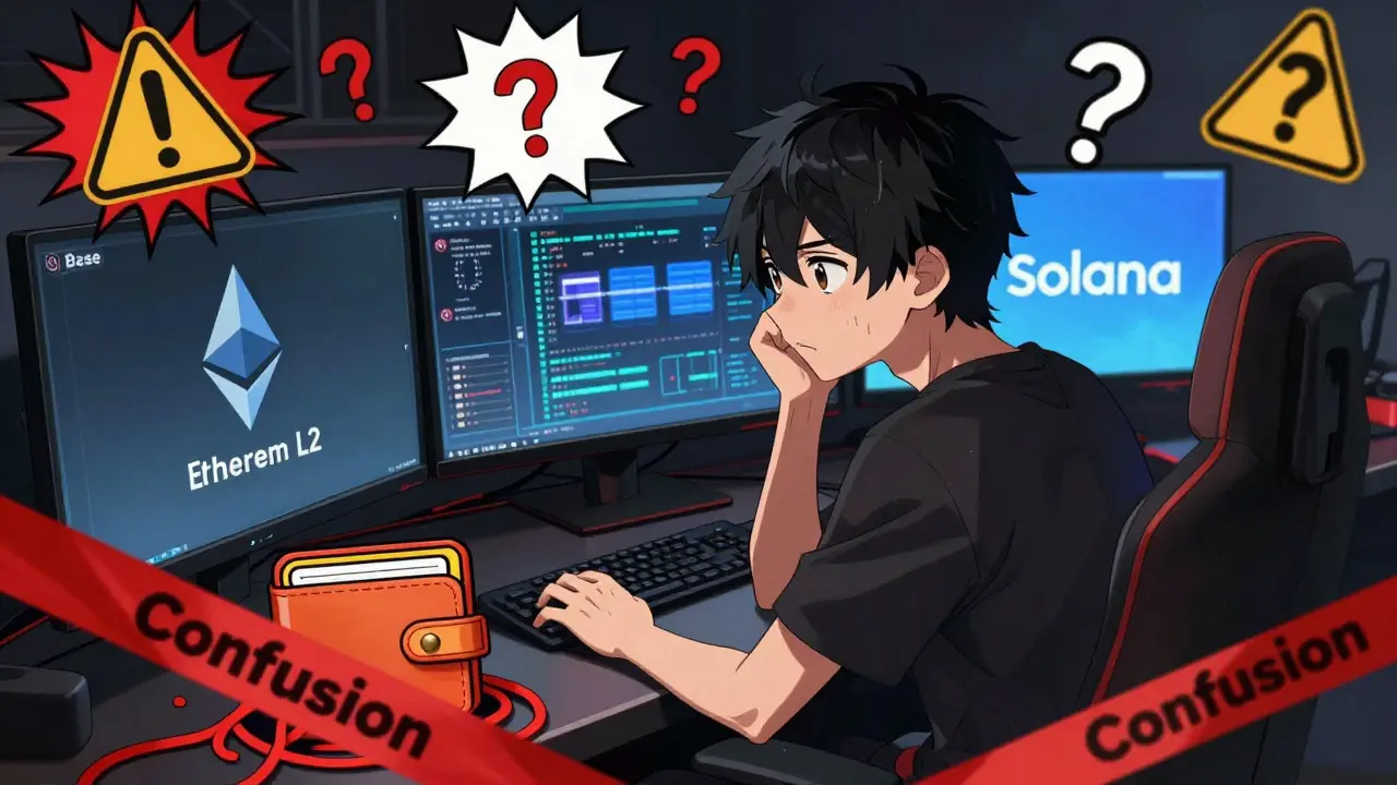 Gamer confused by conflicting Base and Solana blockchain info on screens