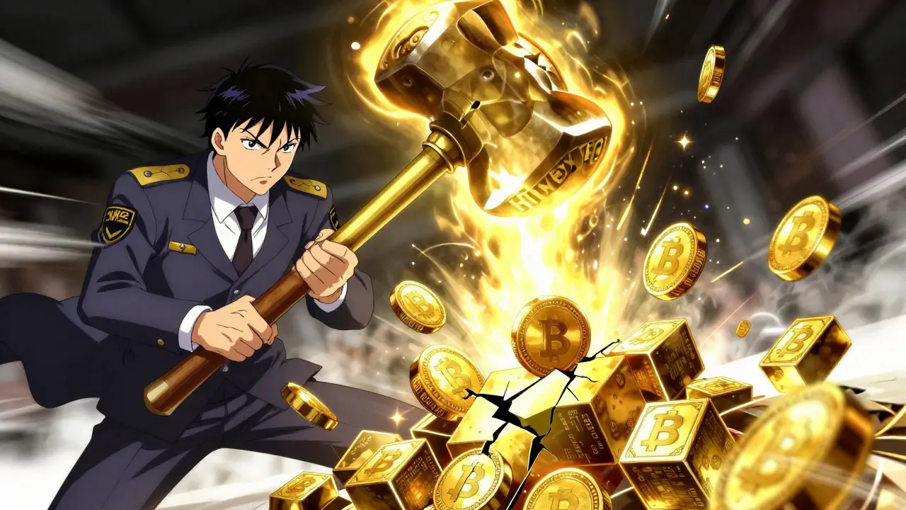 Glowing hammer striking crypto tokens in shounen art