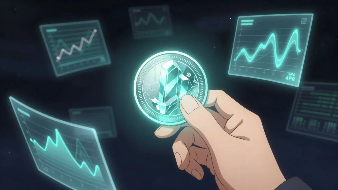 Glowing SONAR token surrounded by abstract financial charts