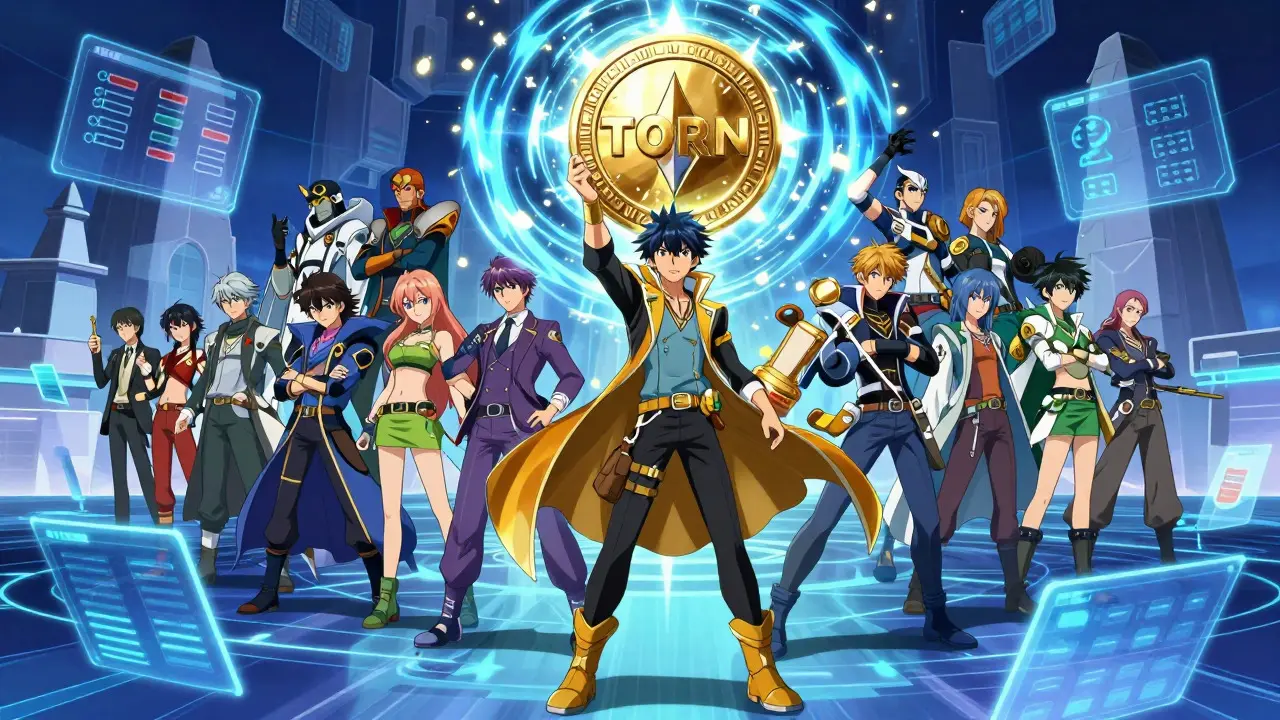 Group of avatars holding a radiant TORN token for governance voting