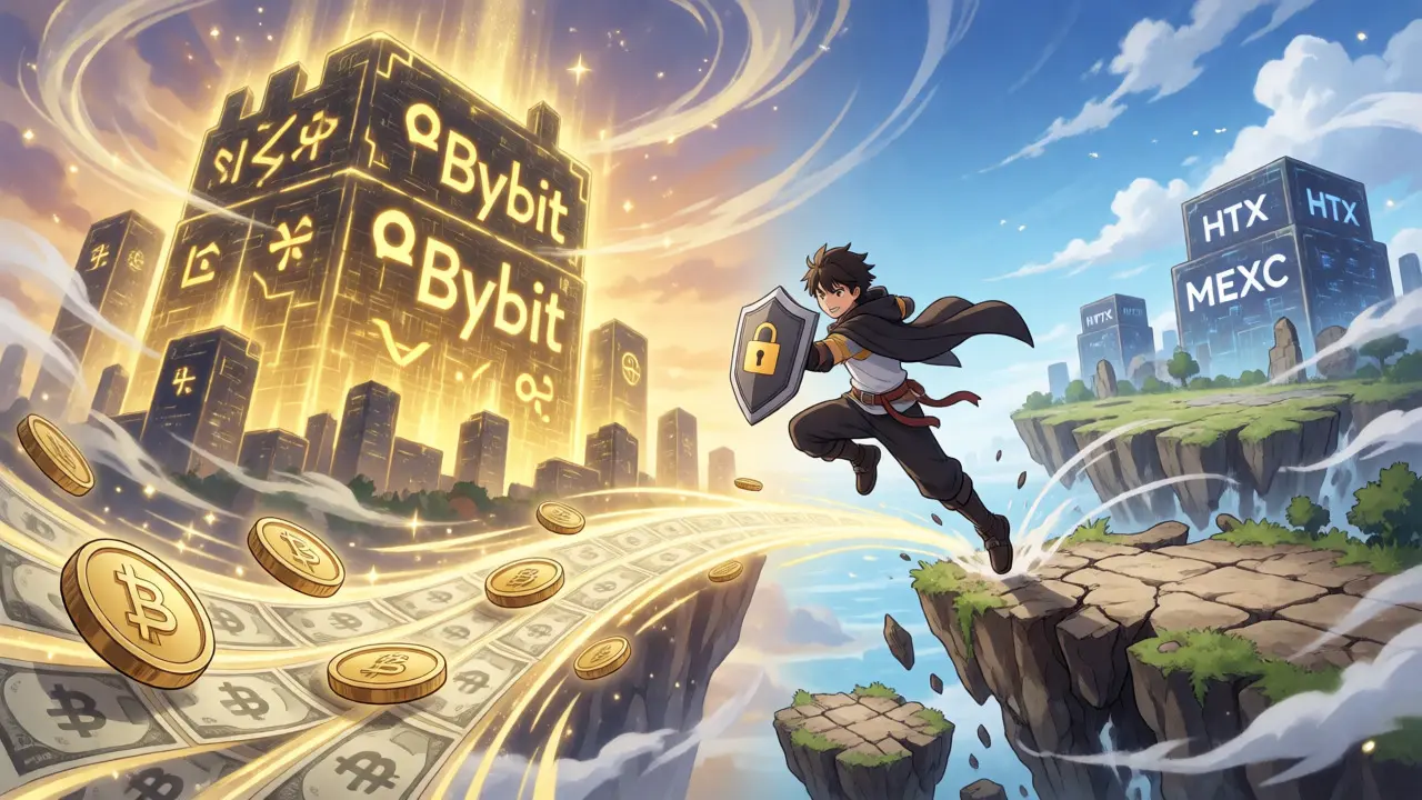 Hero leaping between digital platforms representing crypto market share