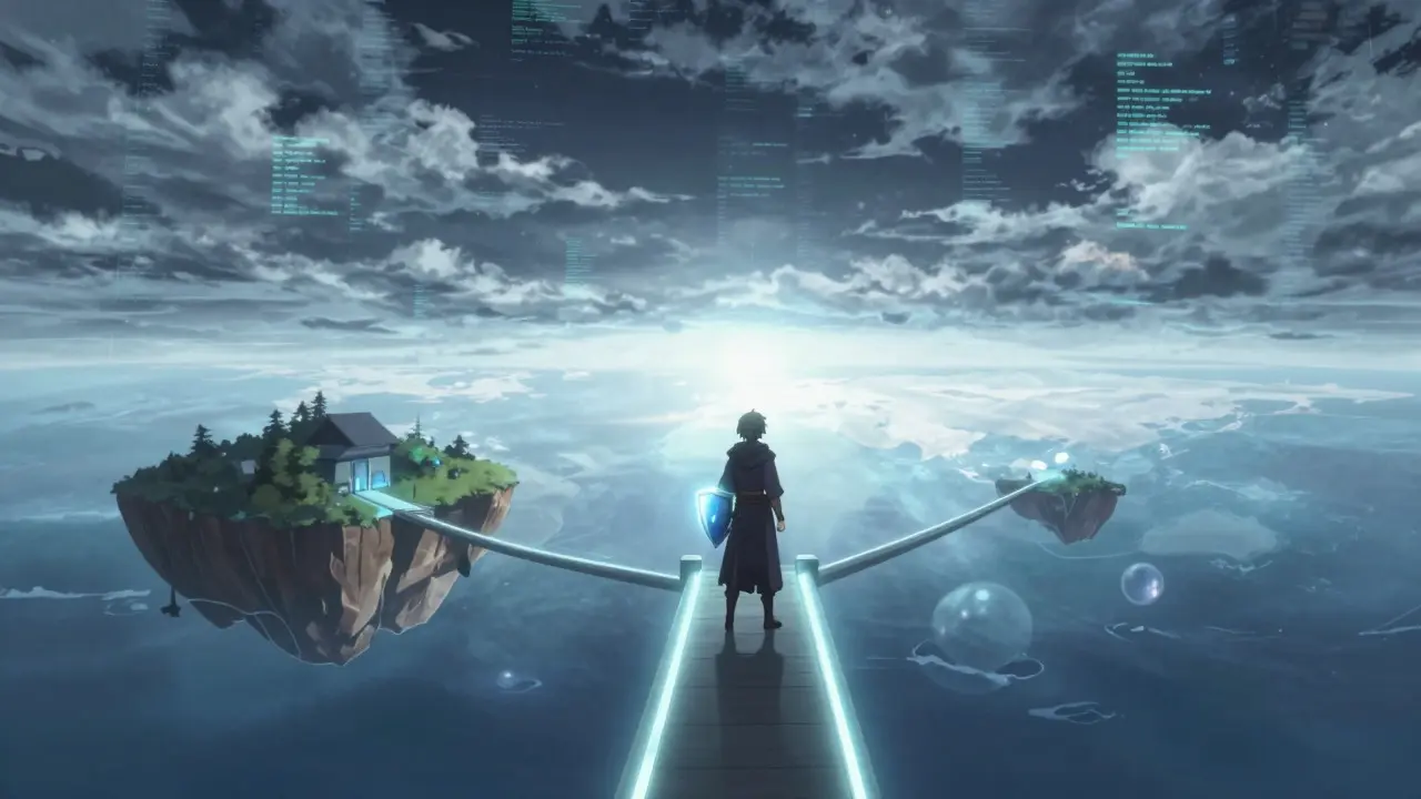 Lone figure on a bridge of light between a small island and a large continent