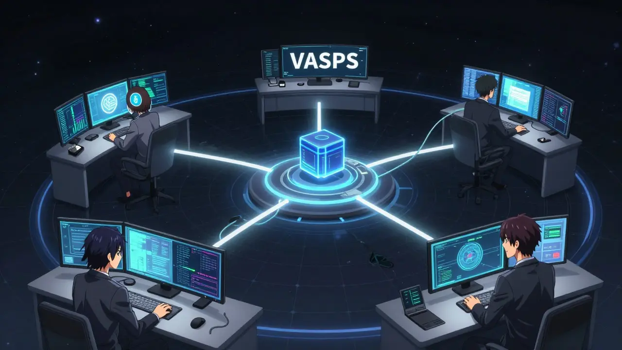 Manga-style visual of VASP data sharing networks and compliance verification processes
