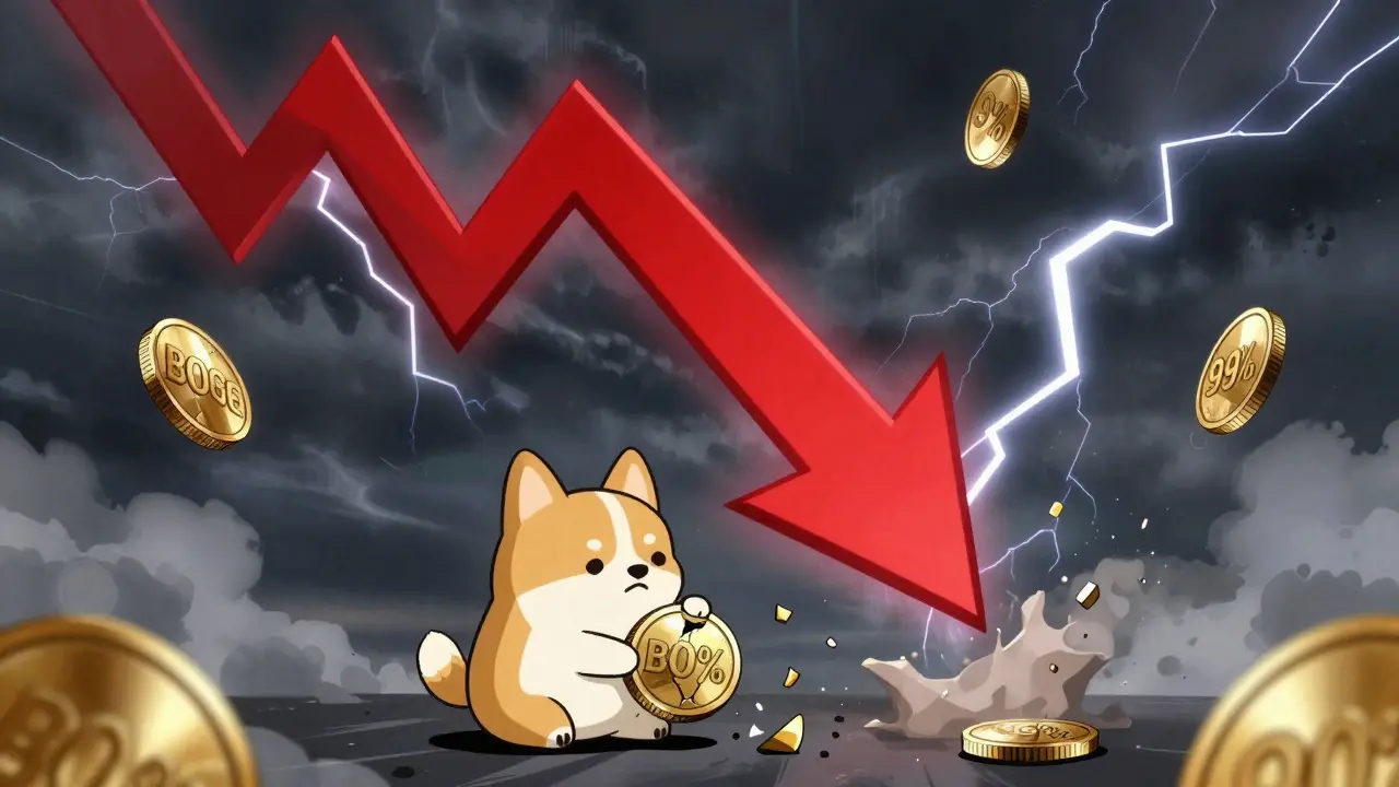 Sad anime dog holding a crumbling coin under a crashing red arrow