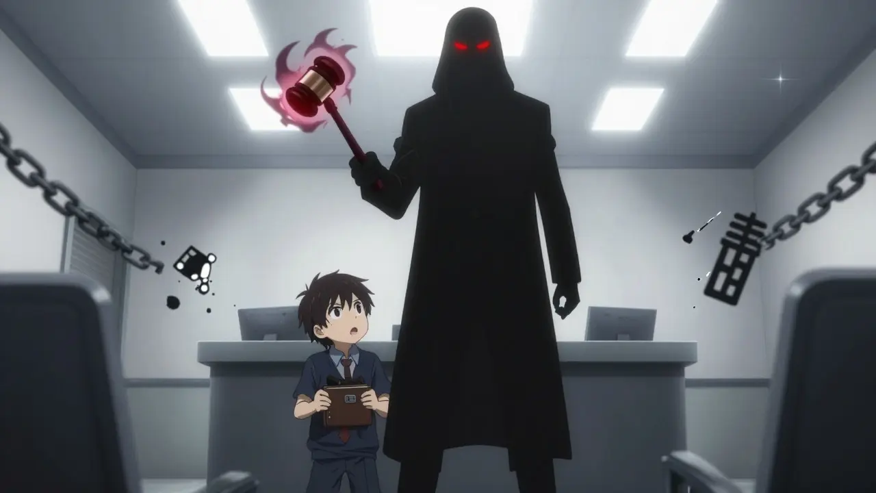 Shadowy law figure overpowering crypto holder in dramatic anime scene