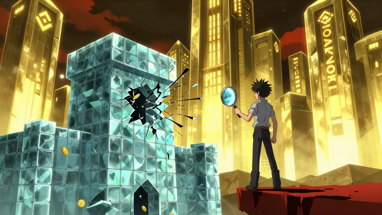 Shounen anime art showing a fragile glass exchange crumbling next to sturdy steel financial fortresses
