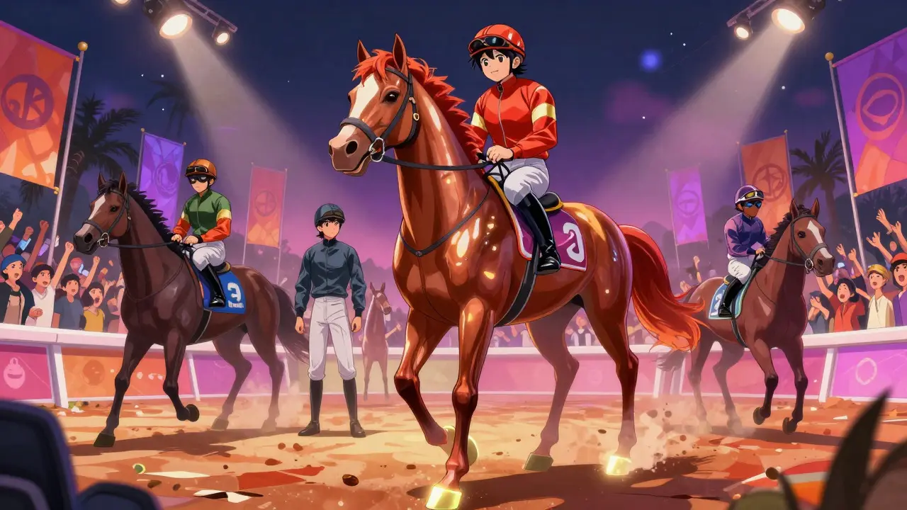 Shounen anime scene of a jockey and NFT horse preparing for a race in a vibrant virtual arena