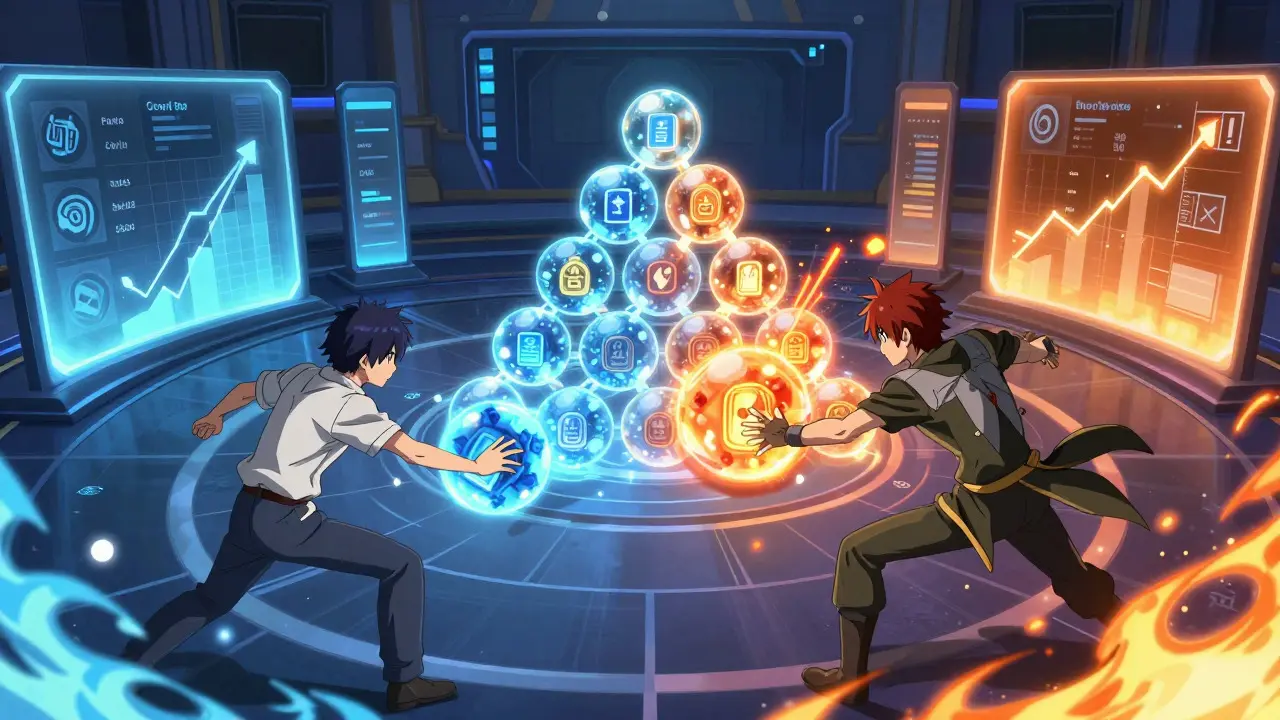 Shounen anime scene of rivals competing to manage glowing digital asset orbs in a strategic arena