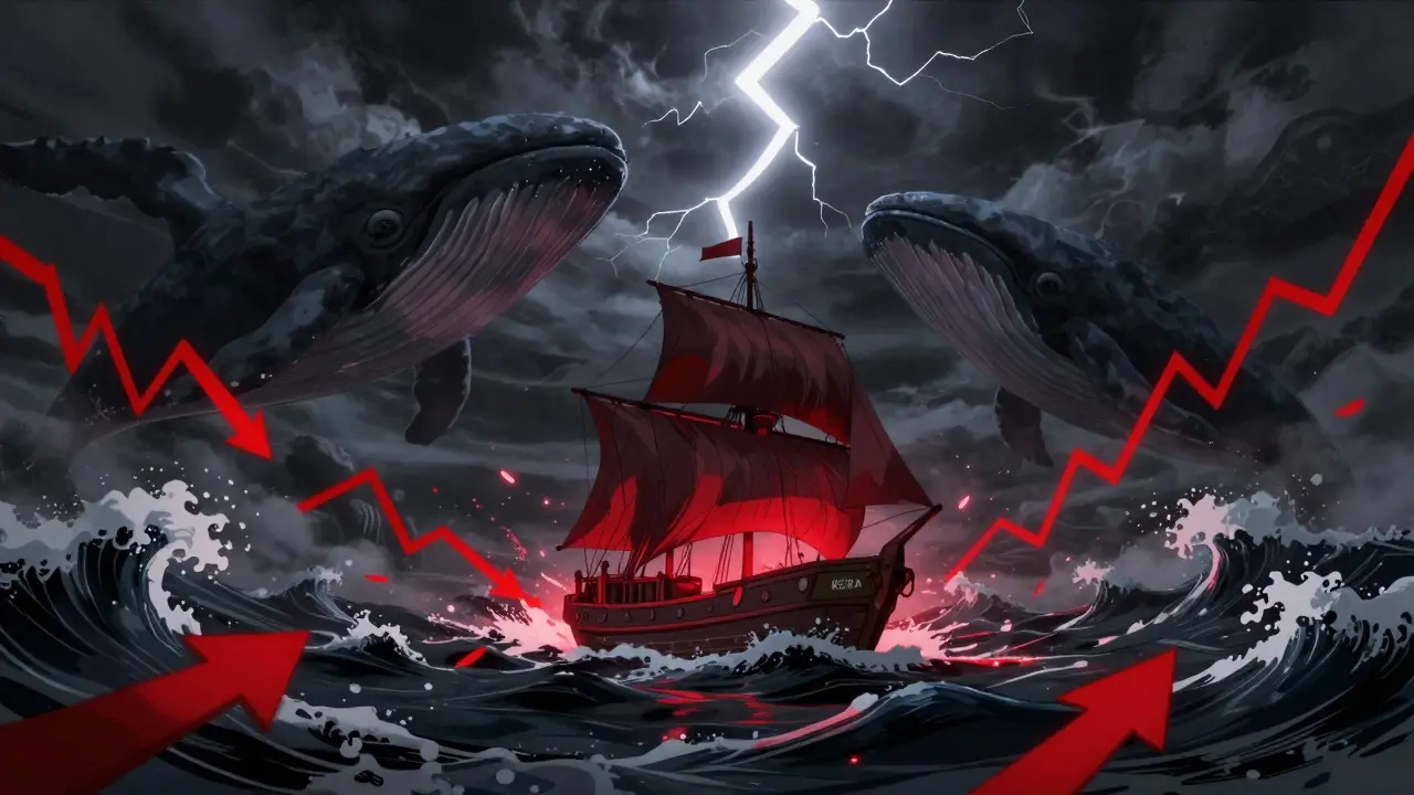 Small ship navigating stormy seas of falling crypto charts and risks
