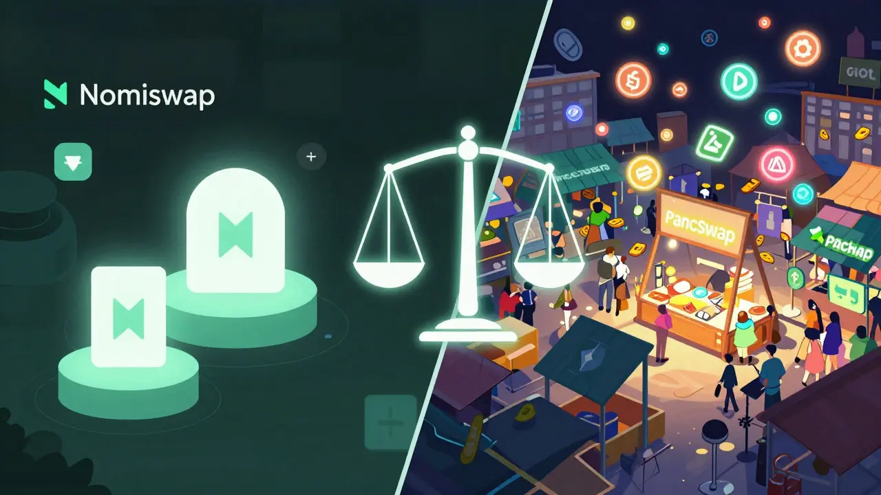 Split scene comparing a minimalist DeFi platform to a busy exchange.