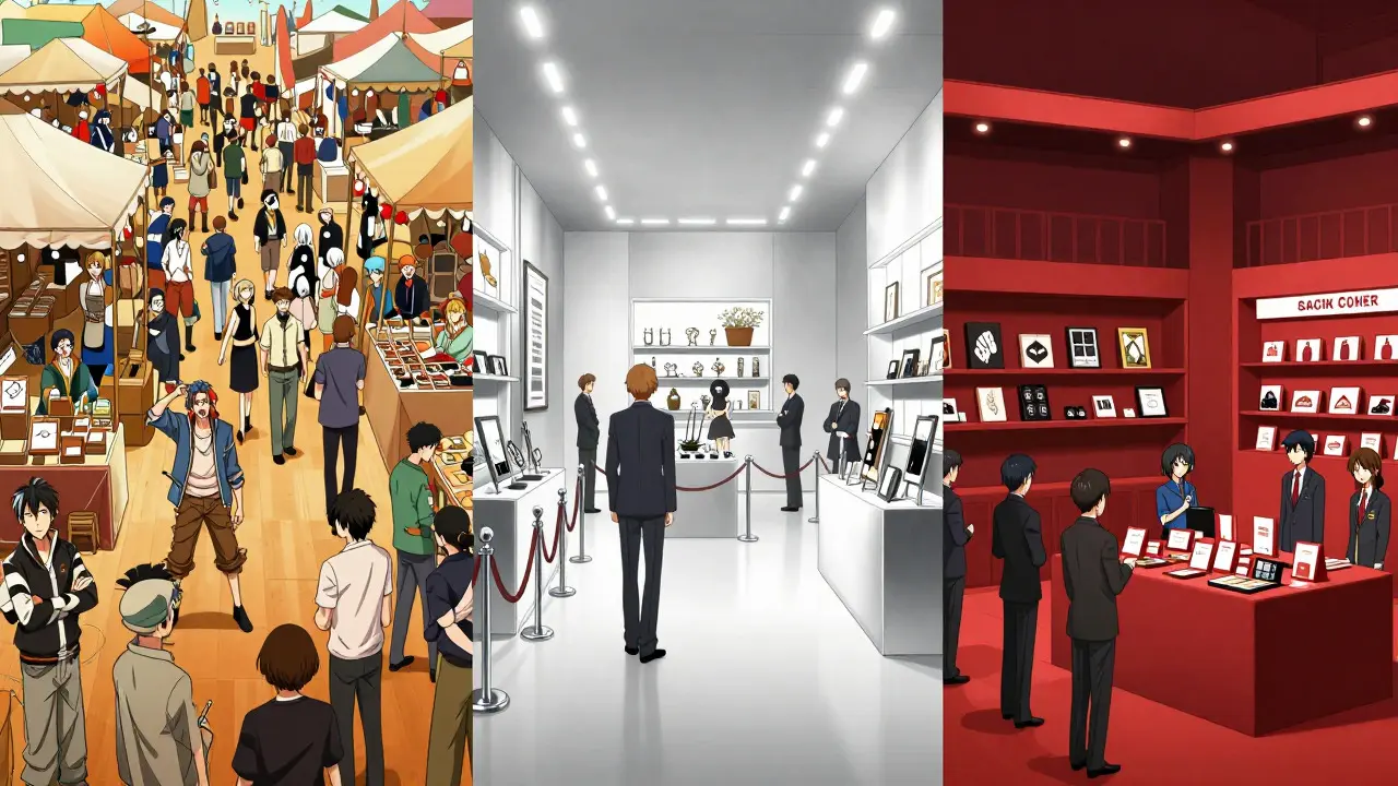 Split view of chaotic bazaar, exclusive gallery, and branded arena in anime style