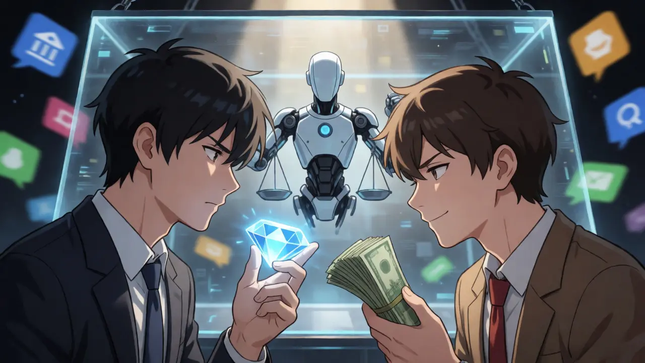 Tense anime standoff between buyer and seller in virtual escrow chamber