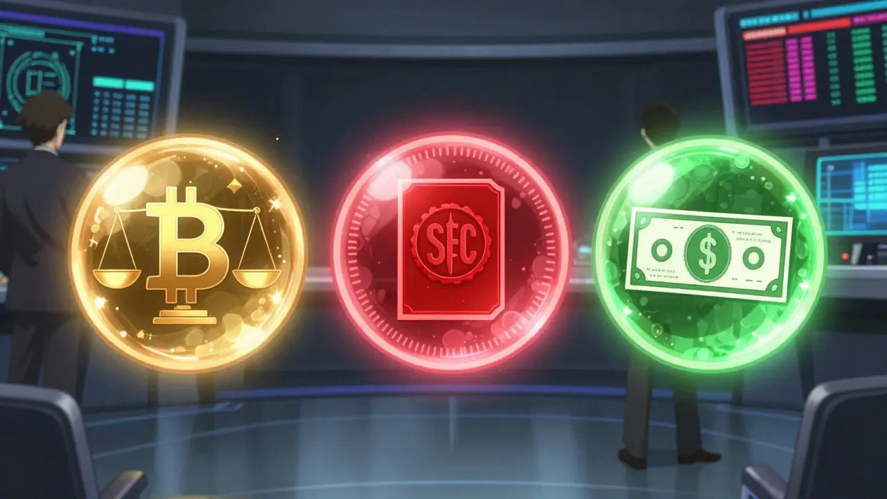 Three glowing orbs representing commodities, securities, and stablecoins