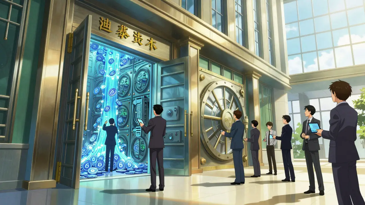 Traditional bank vaults opening to accept flowing digital cryptocurrency