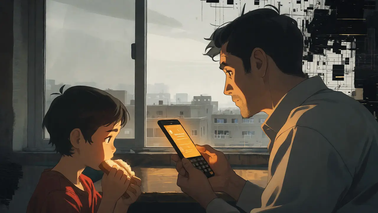 Afghan father and child illuminated by phone screen showing digital currency