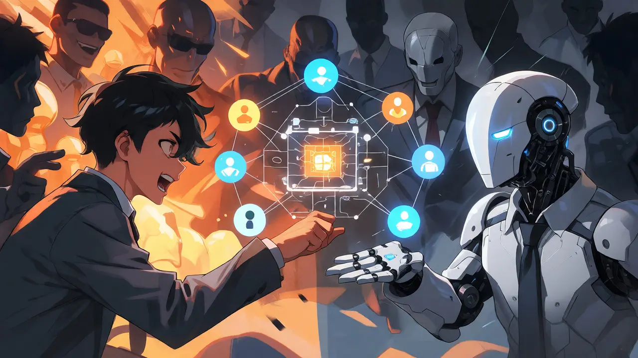 AI assistant battling corporate shadows in a data contribution scene