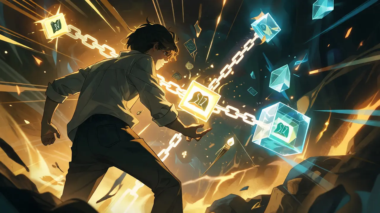 Anime character locking tokens into a glowing vault representing ve(3,3) mechanics.