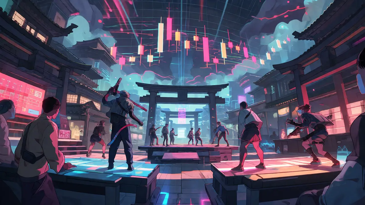 Anime characters battling in a futuristic Japanese-themed gaming arena with a glitching price chart.
