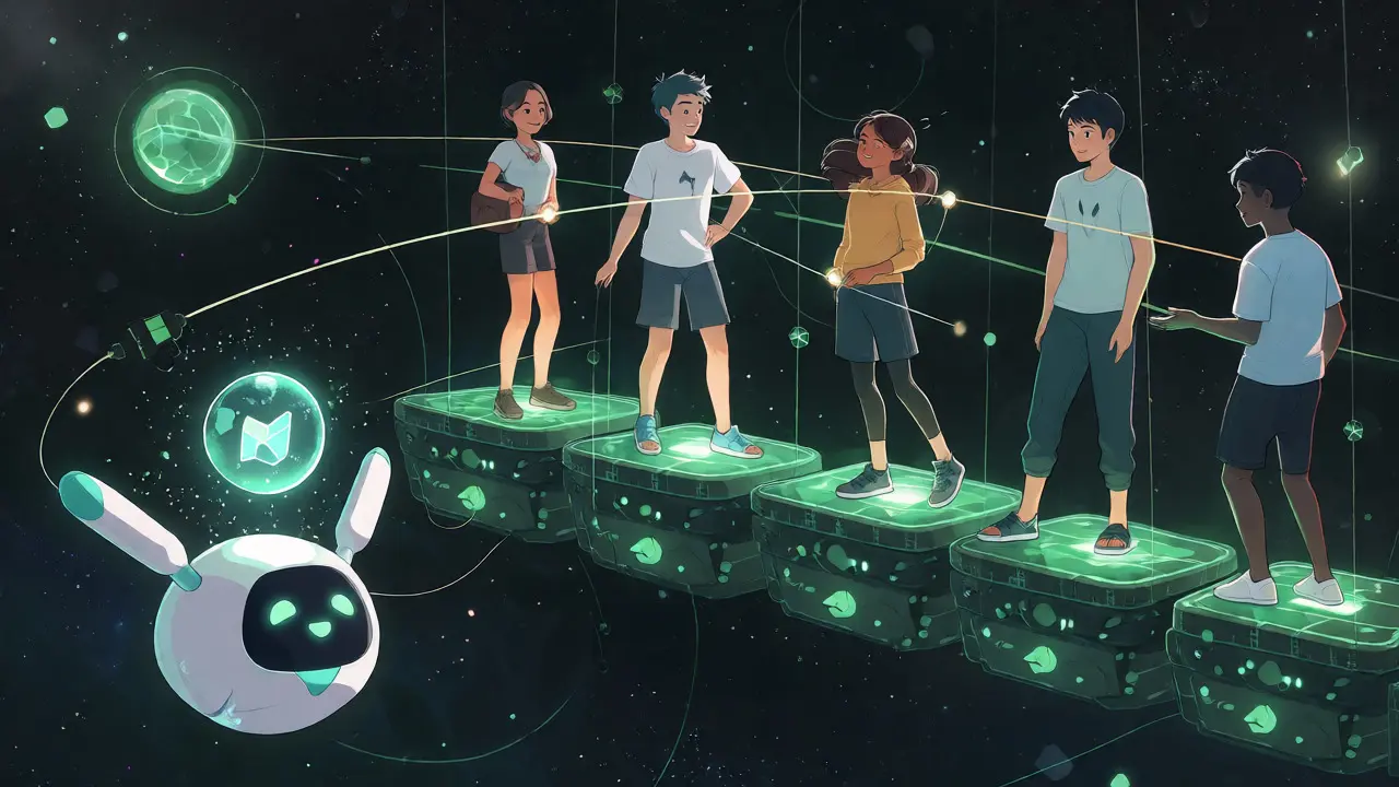 Anime characters connecting via blockchain threads in a futuristic digital space.