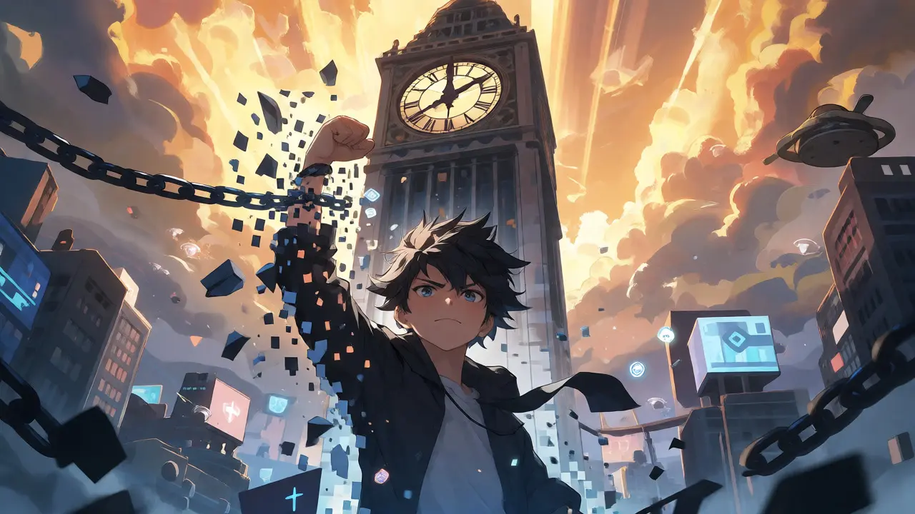 Anime developer breaking chains under golden sunlight after delisting