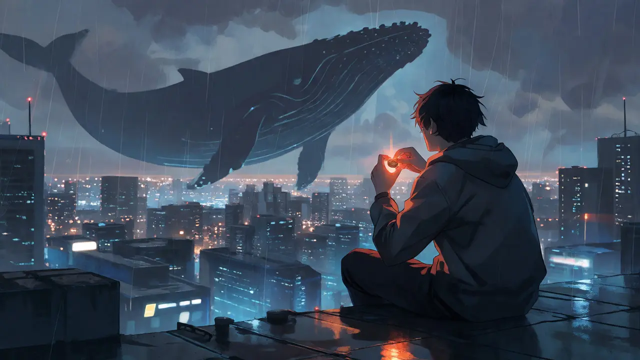 Anime figure holding a small coin on a rooftop overlooking a dim futuristic city.