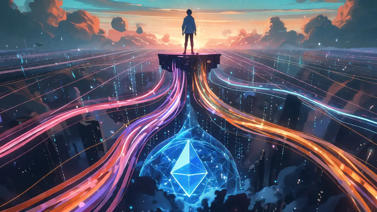 Anime hero overseeing streamlined rollup streams flowing to Ethereum