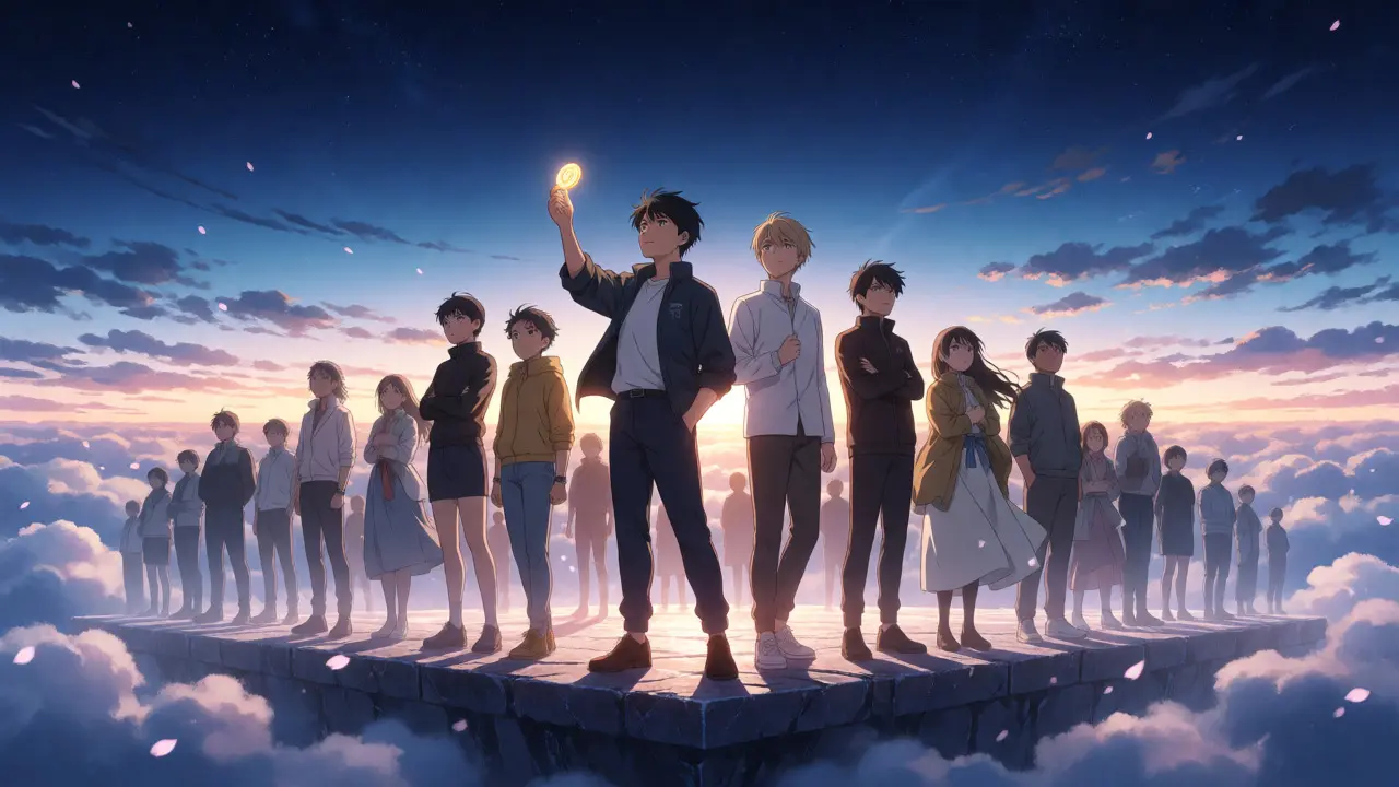 Anime heroes standing on a floating platform watching a sunrise over a decentralized network.