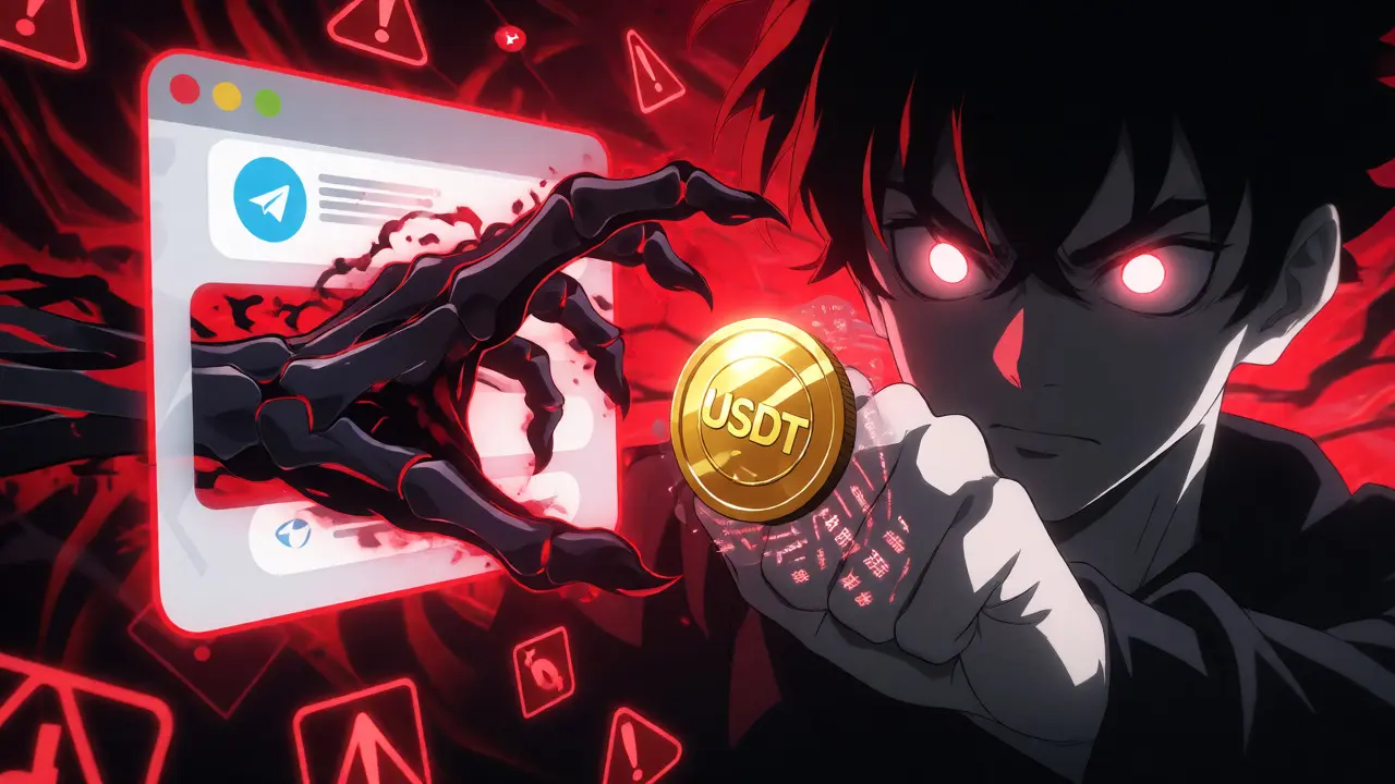 Anime protagonist blocking a skeletal scam hand from stealing crypto assets.