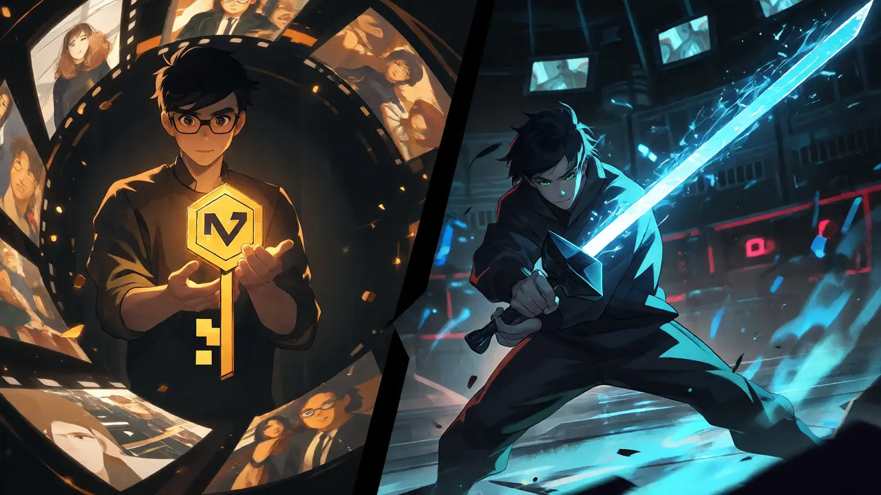 Anime scene showing a director unlocking film content and a gamer owning a digital sword.