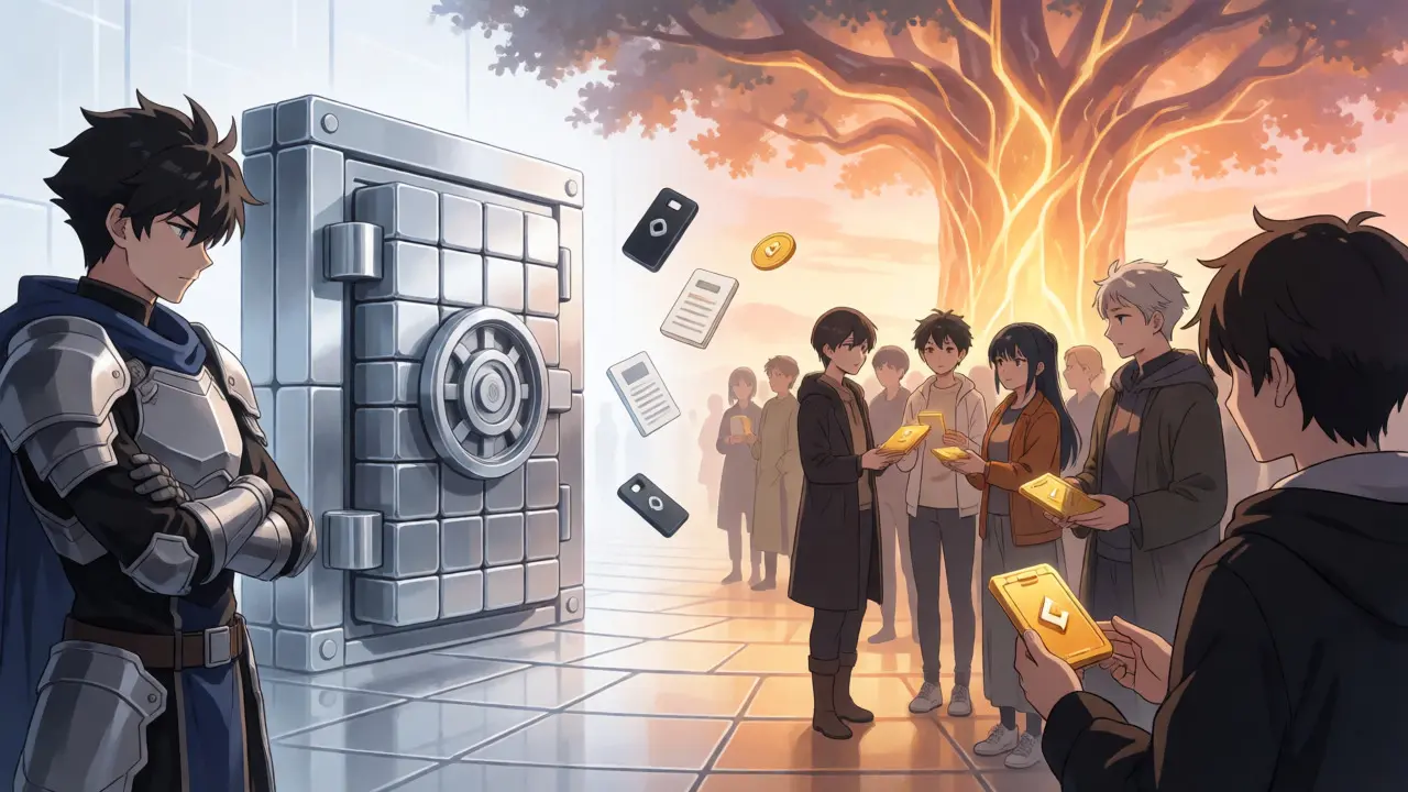 Anime split scene showing secure vault and community token exchange