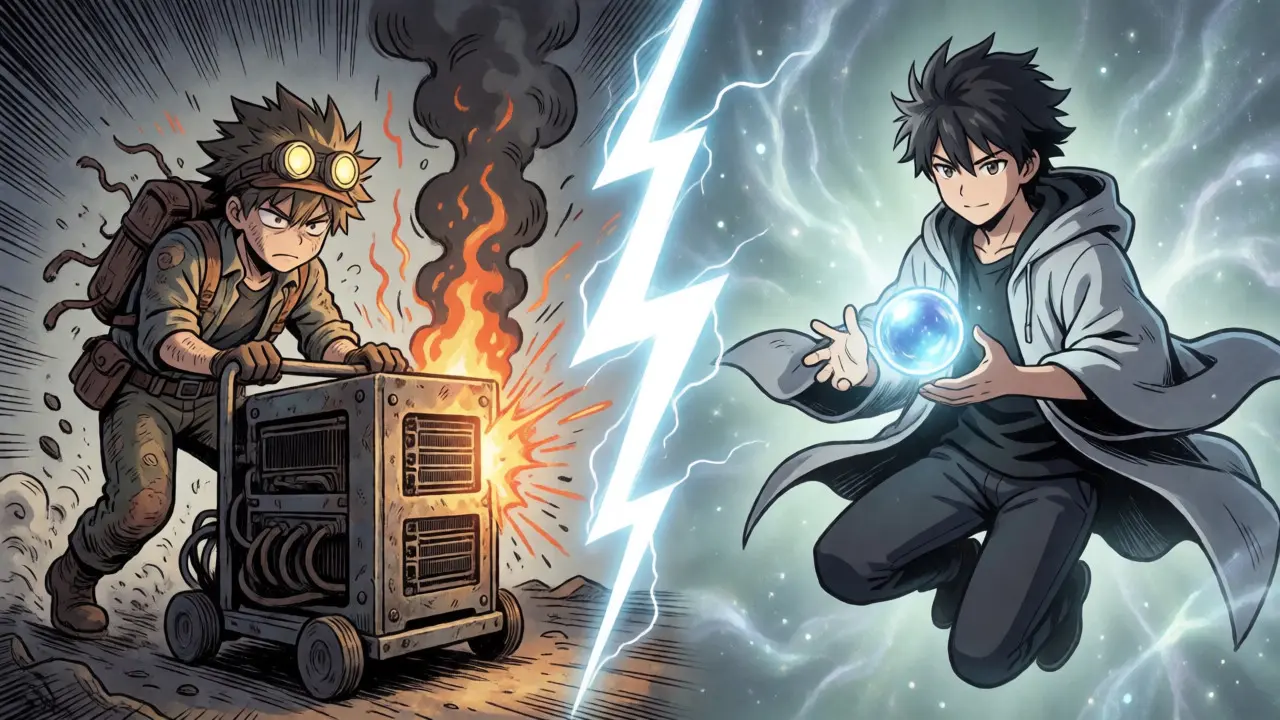 Anime split-screen showing old GPU mining versus new calm Ethereum staking.