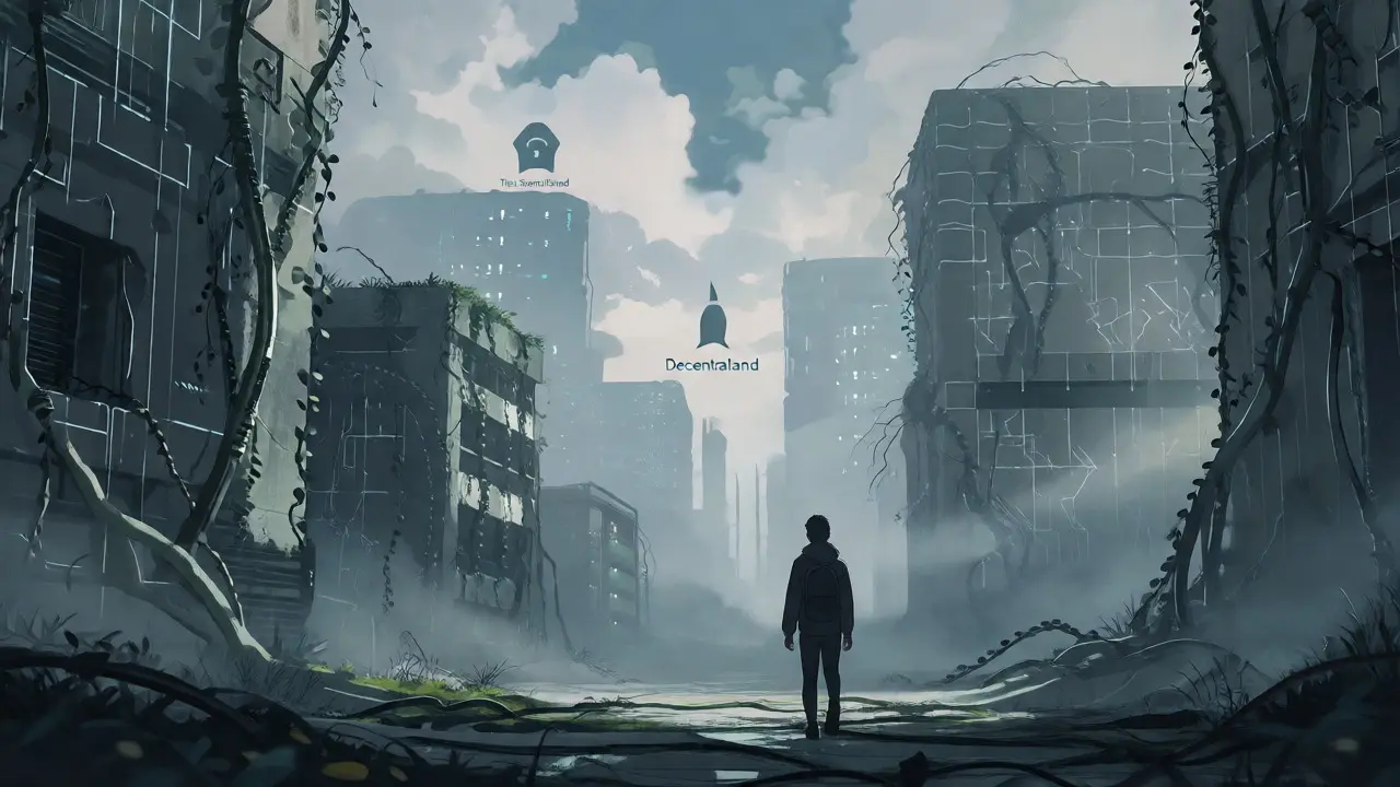 Anime traveler walking through a foggy, abandoned digital landscape