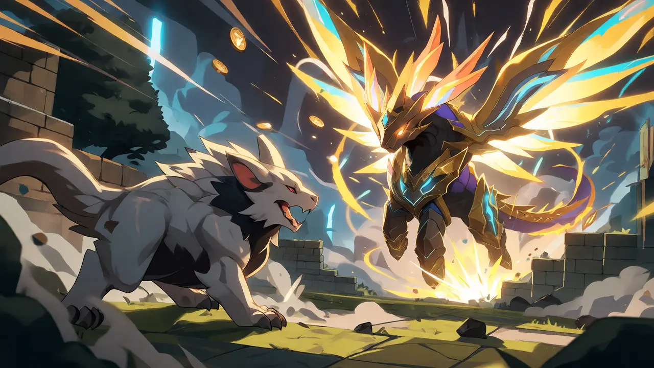 Battle scene comparing a common pet against a radiant Super Rare Pet with MOWA coins