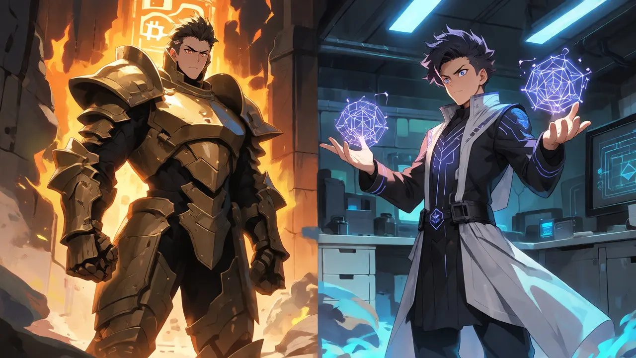 Bitcoin warrior and Ethereum mage facing off in an anime battle scene