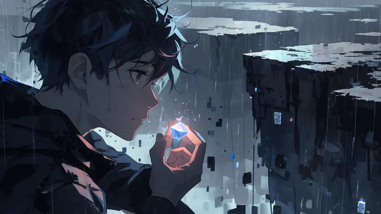 Character holding a glowing token on a cliff edge amidst digital rain