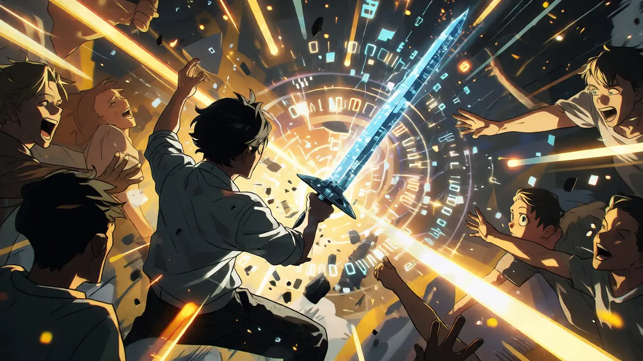 Community members empowering a developer's proposal in an anime battle scene