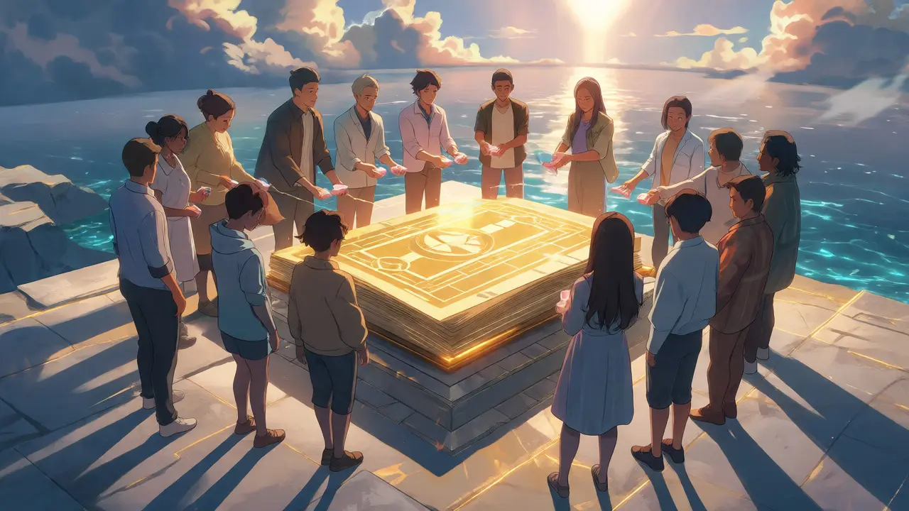 Community members sharing tokens around a glowing ledger at dawn