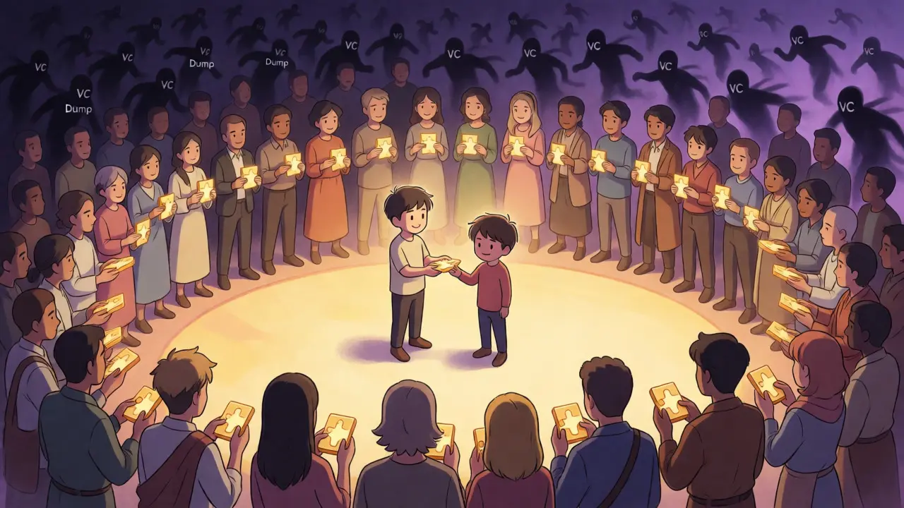 Crowd uniting token pieces to block shadowy VC figures in an anime scene.