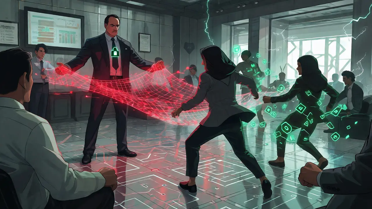 Crypto traders dodging a regulatory net in a stylized government office scene