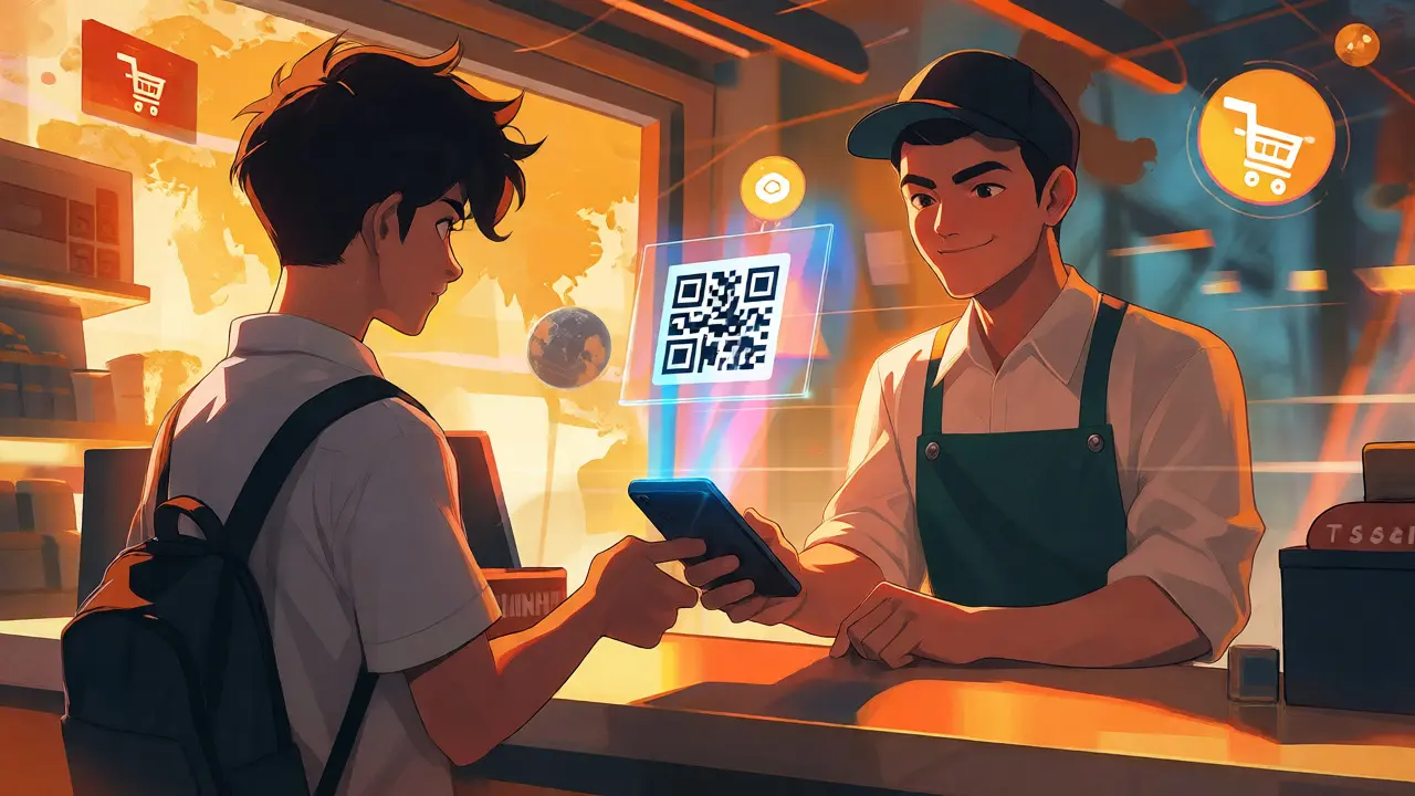 Customer tapping phone to pay merchant with instant digital connection