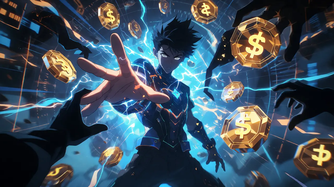 Digital warrior grabbing floating FLUX tokens amidst a chaotic energy vortex.