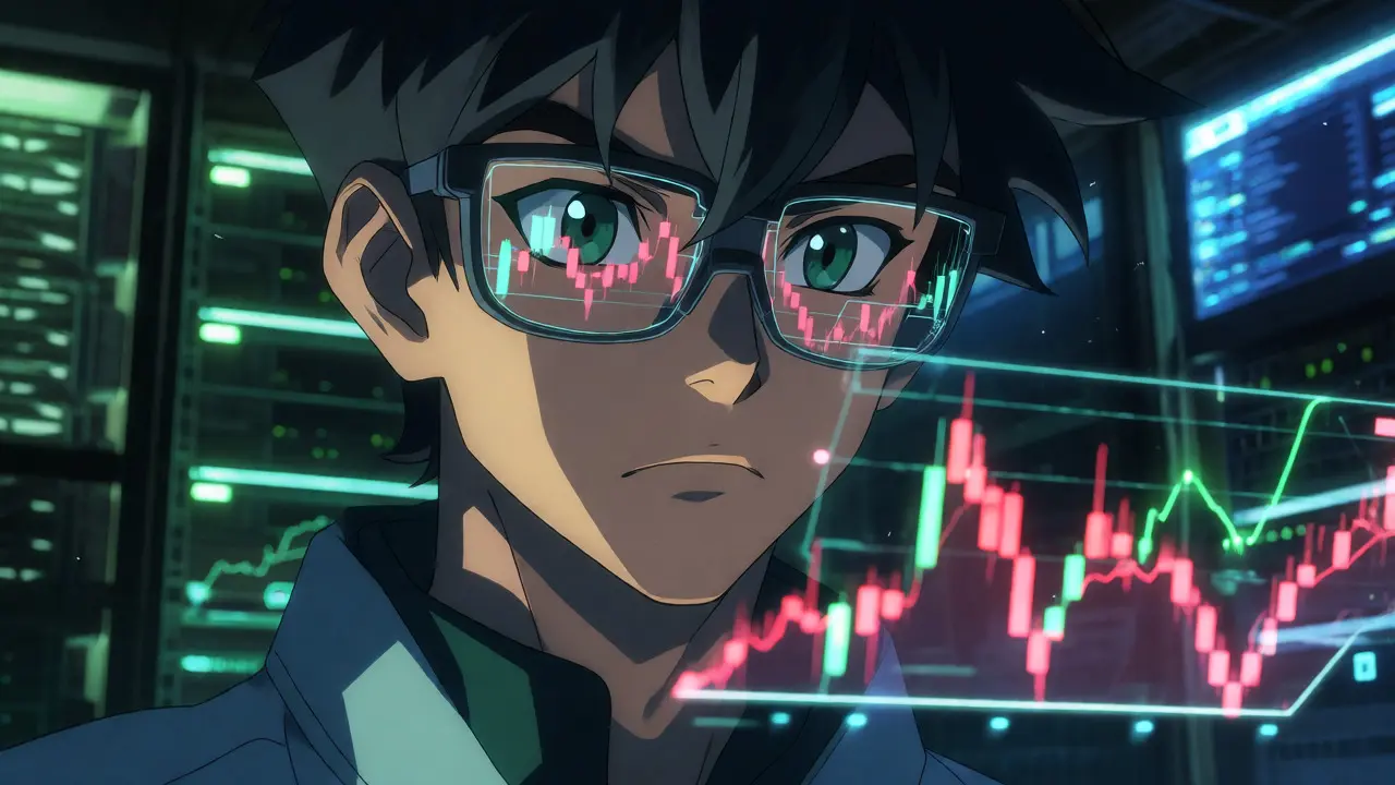 Focused anime protagonist analyzing holographic market charts in a tech room.