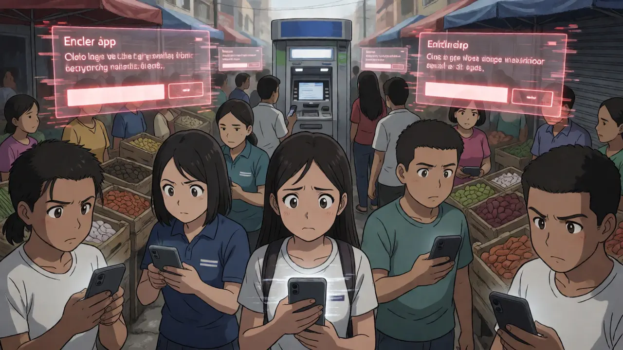 Frustrated citizens in a market dealing with glitchy Chivo wallet apps.