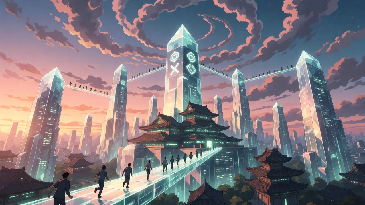 Futuristic crystal cityscape with light bridges under a twilight sky