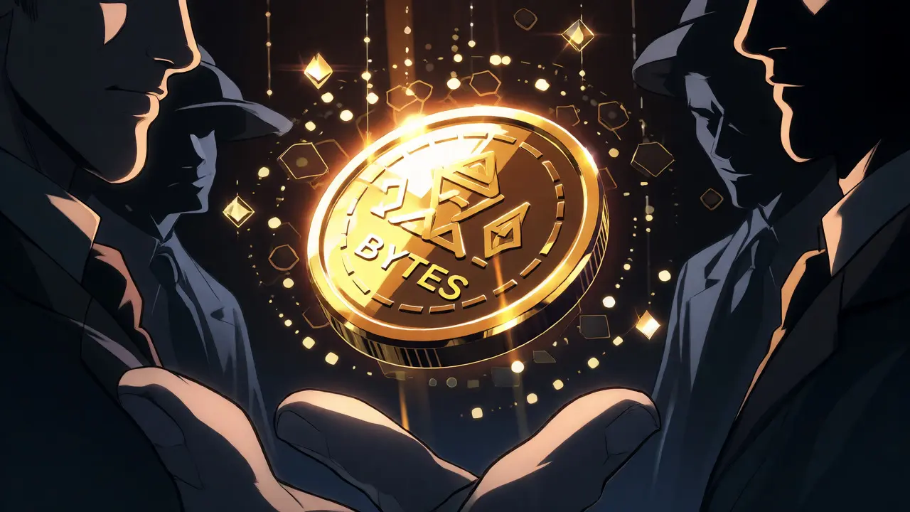 Glowing BYTES token surrounded by shadowy figures in a dark digital space.