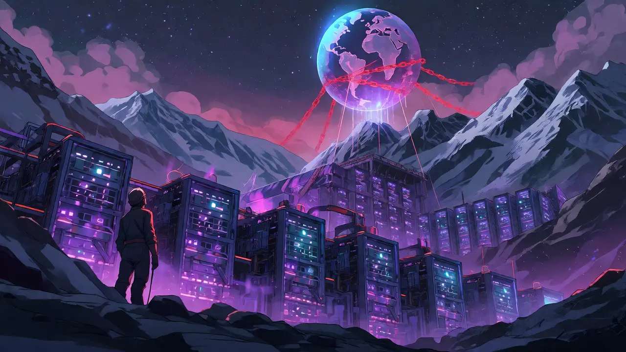 Glowing crypto mining facility in Iranian mountains connecting to a global network