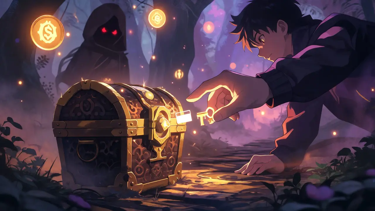 Hand connecting a wallet to a treasure chest amidst shadowy scam threats.